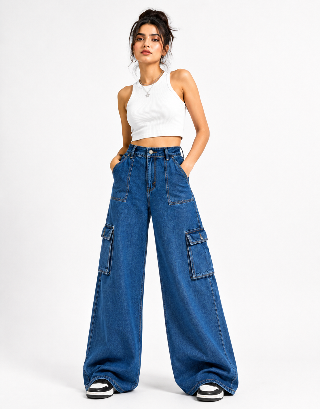 Wide Leg Flap Pocket Cargo Jeans Navy Blue