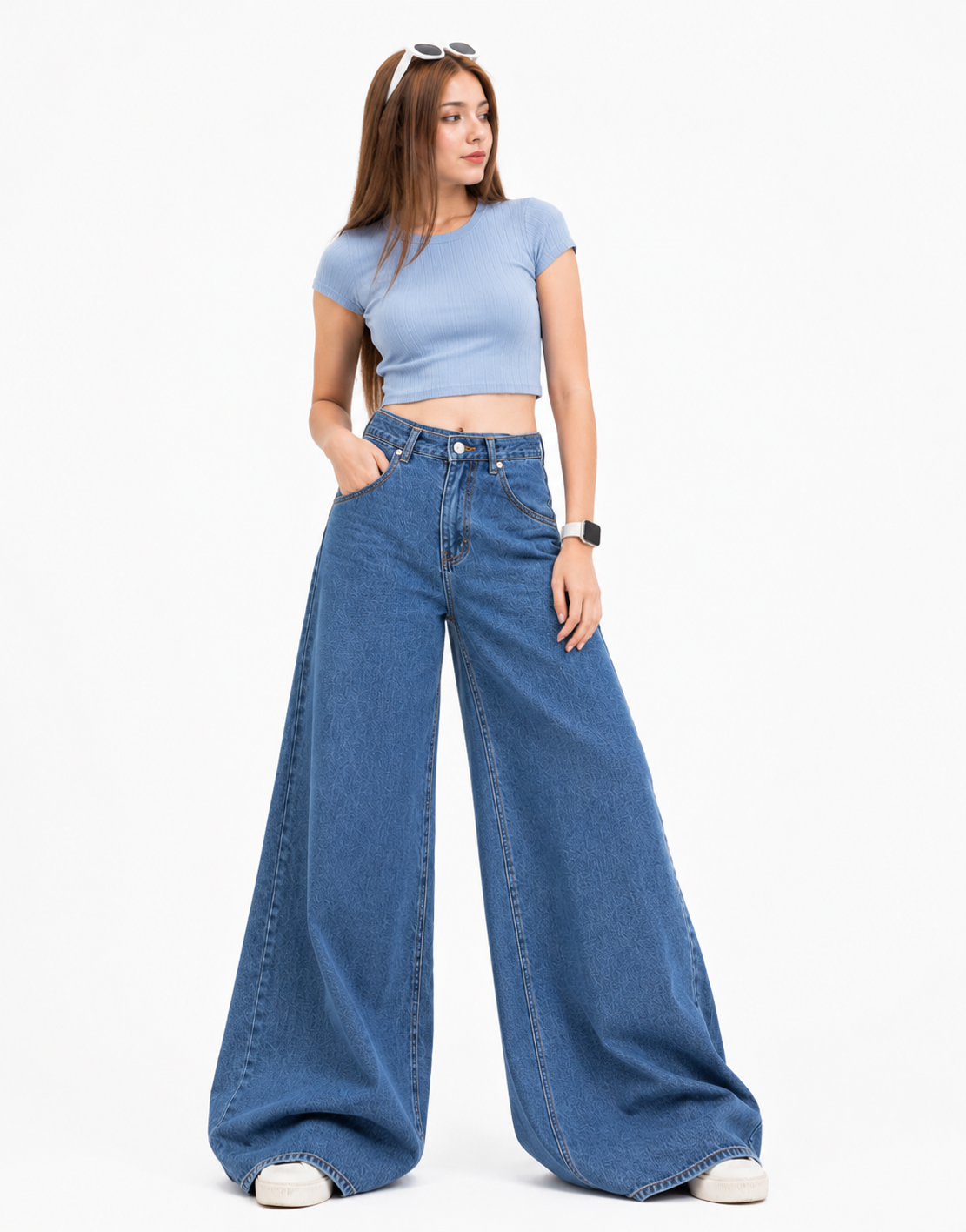 High Rise Cross Pocket Wide Leg Jeans Dark Blue