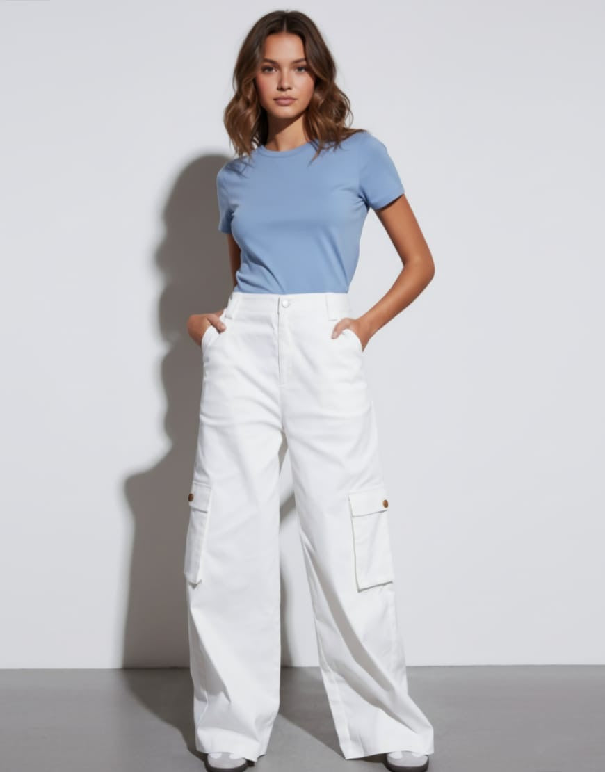 High Rise Wide Leg Cargo Jeans White