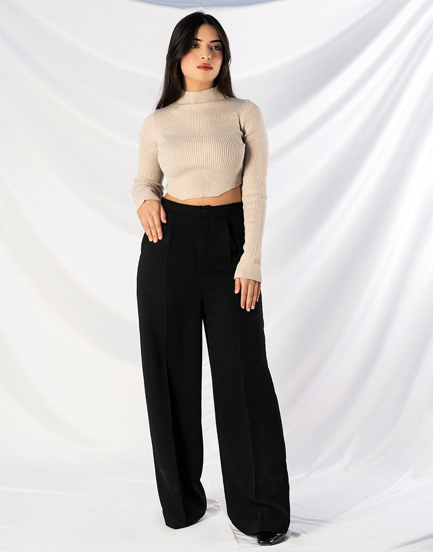 Wide Leg Ribbed Fabric Premium Pants Black