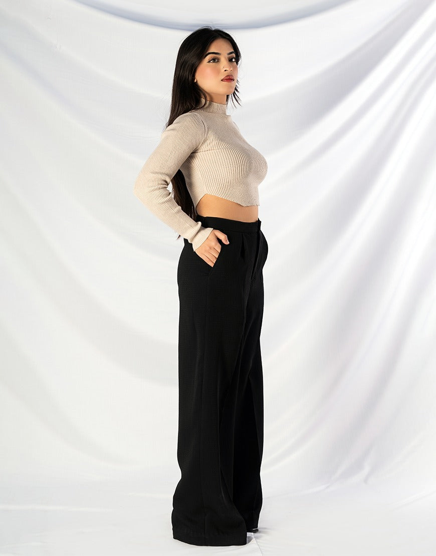 Wide Leg Ribbed Fabric Premium Pants Black
