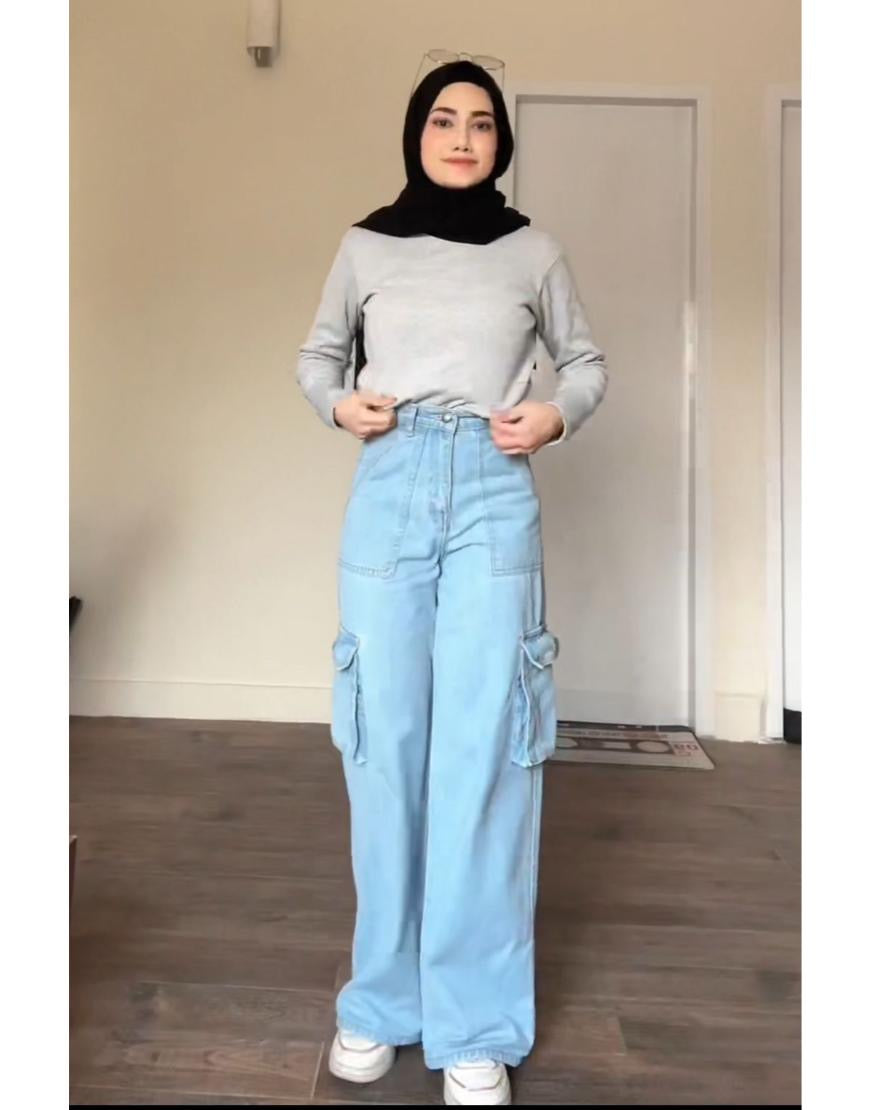 High Rise Wide Leg Flap Pocket Cargo Light Wash