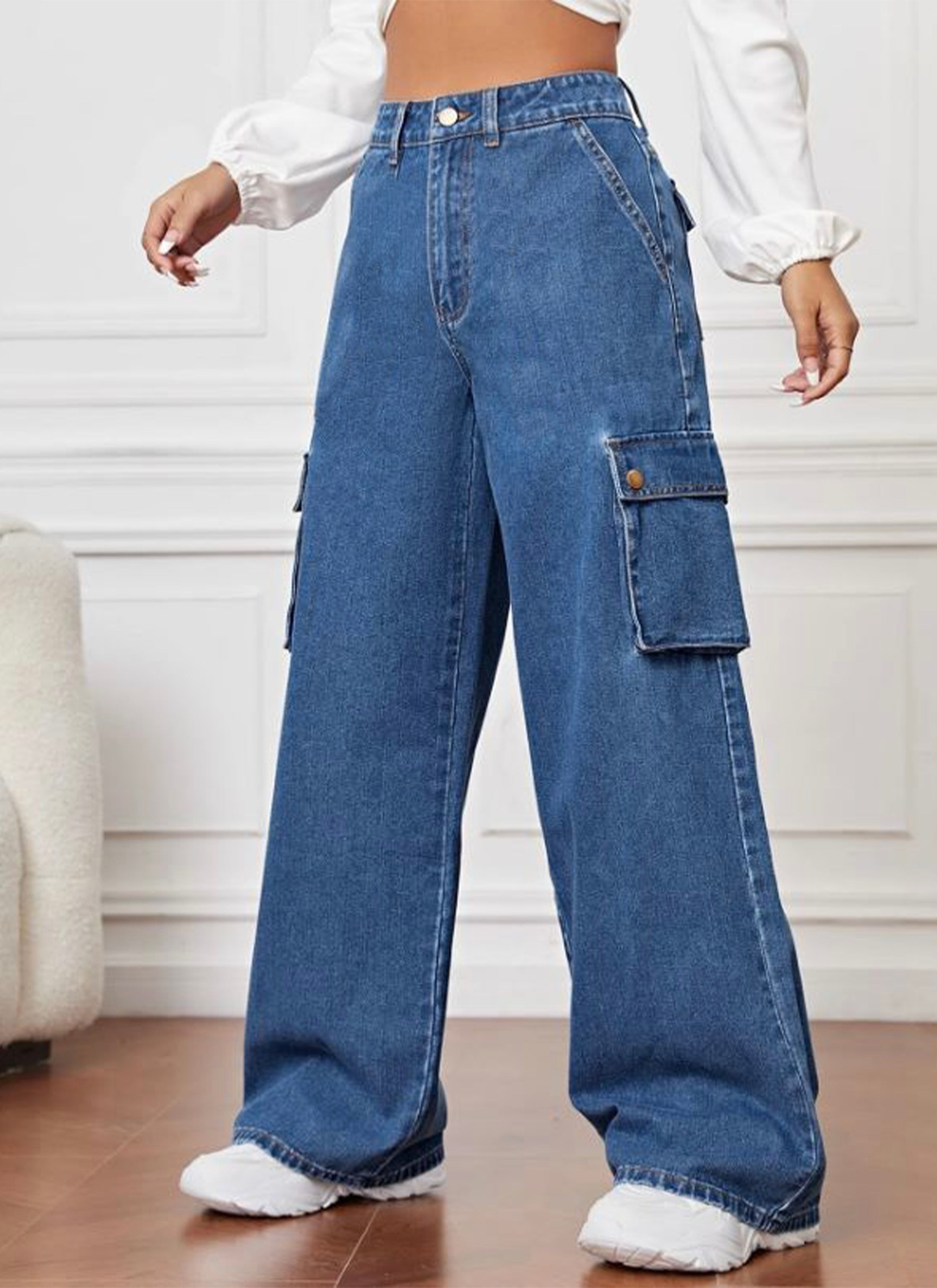 High Rise Wide Leg Cargo Jeans Stone Blue