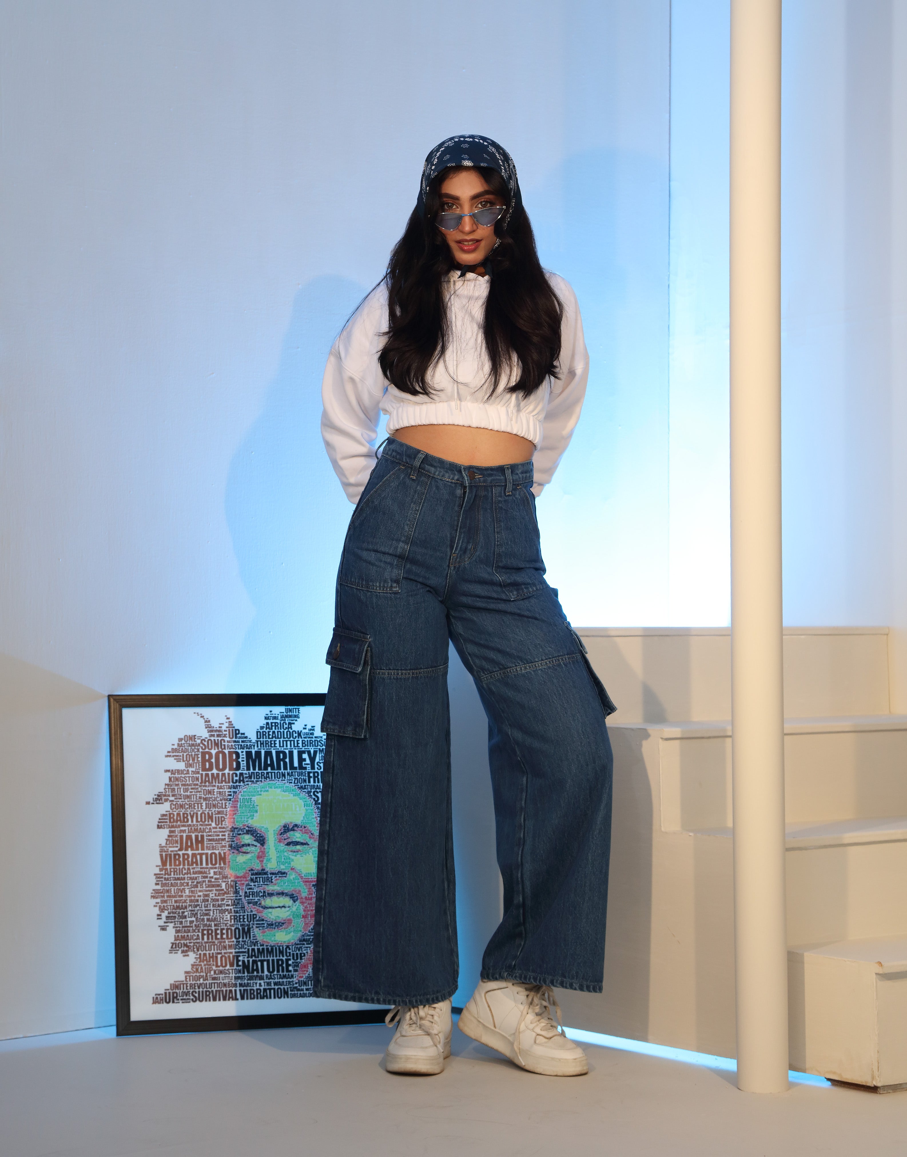 Wide Leg Flap Pocket Cargo Stone Blue