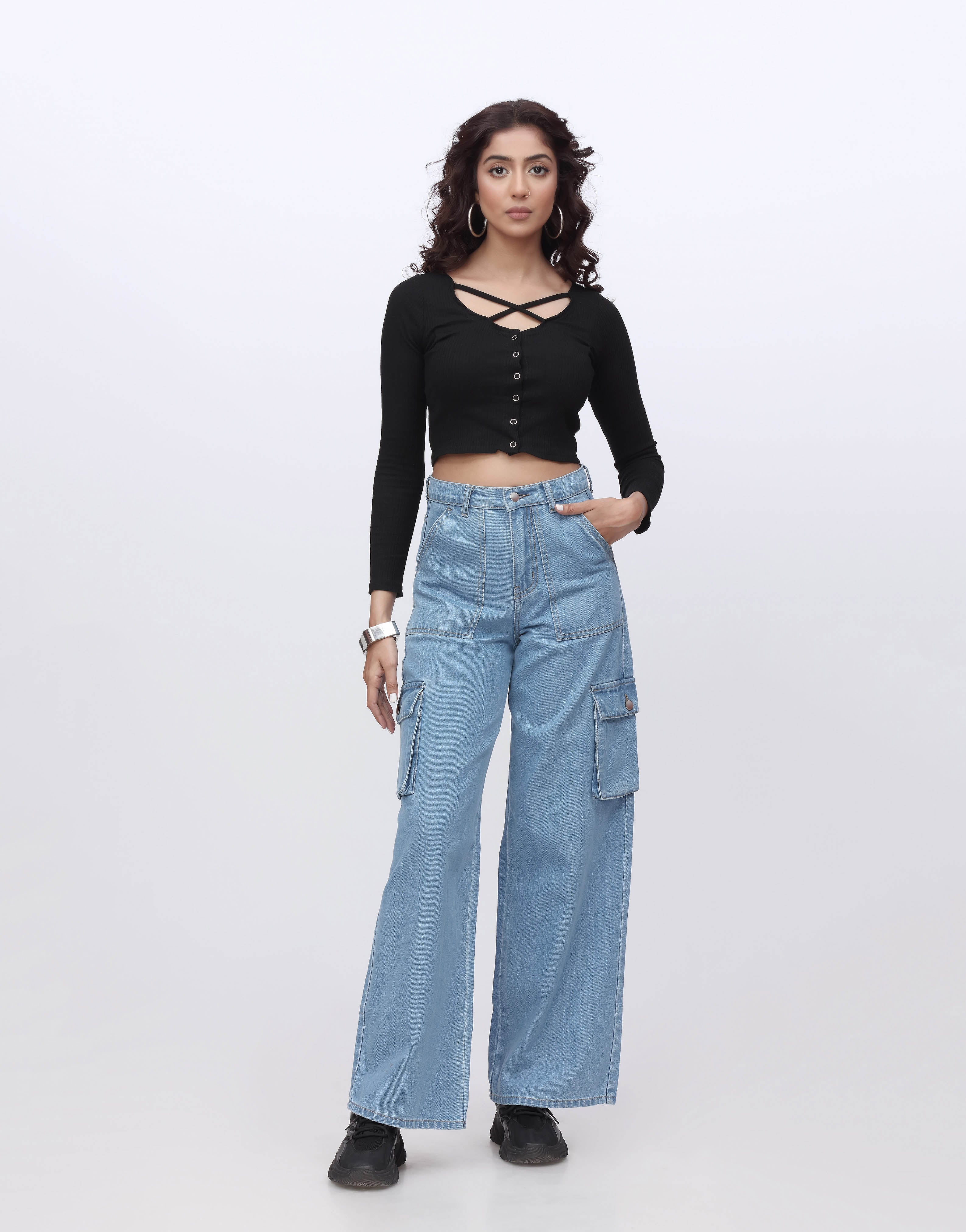 High Rise Wide Leg Flap Pocket Cargo Jeans Mid Wash