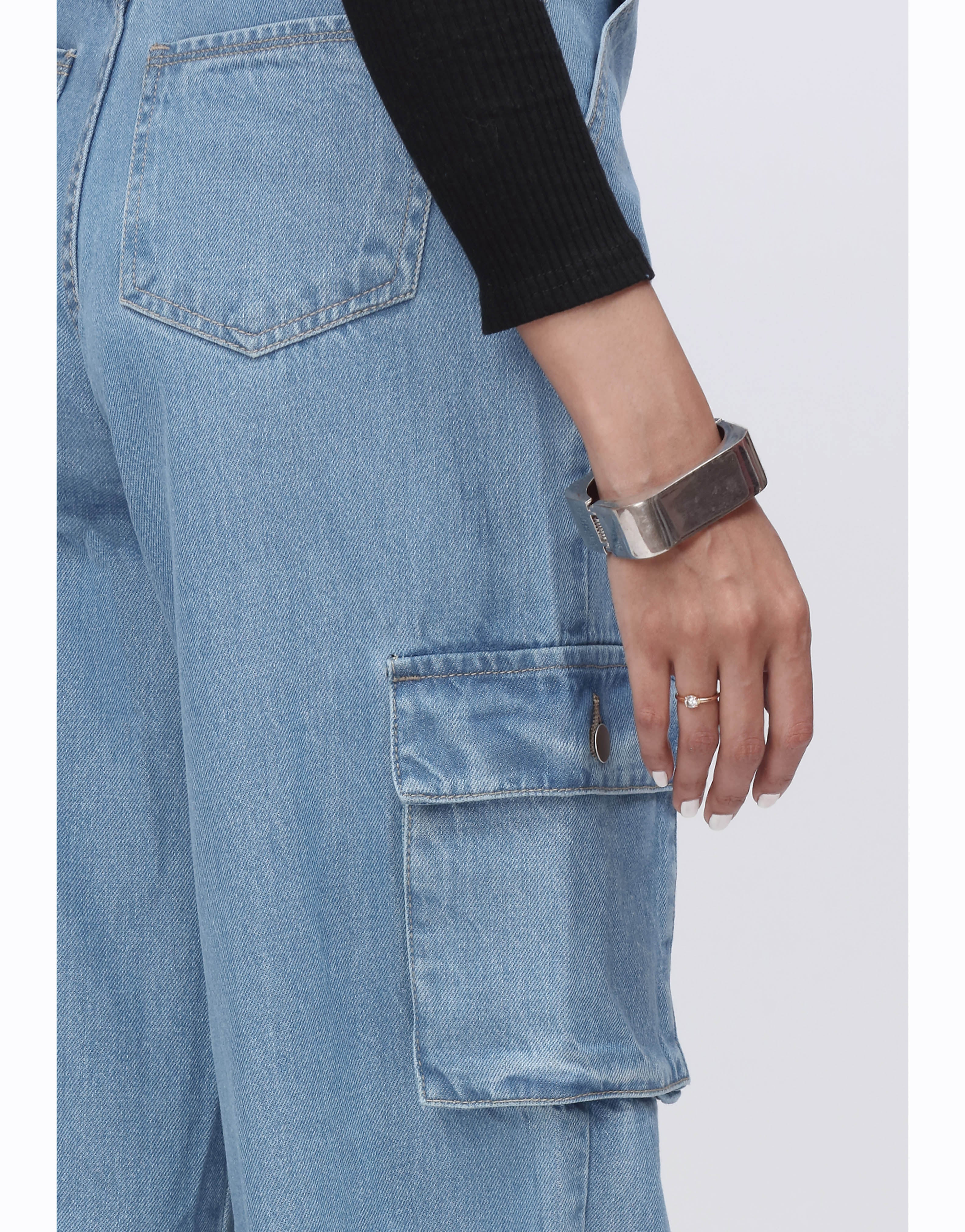 High Rise Wide Leg Flap Pocket Cargo Jeans Mid Wash