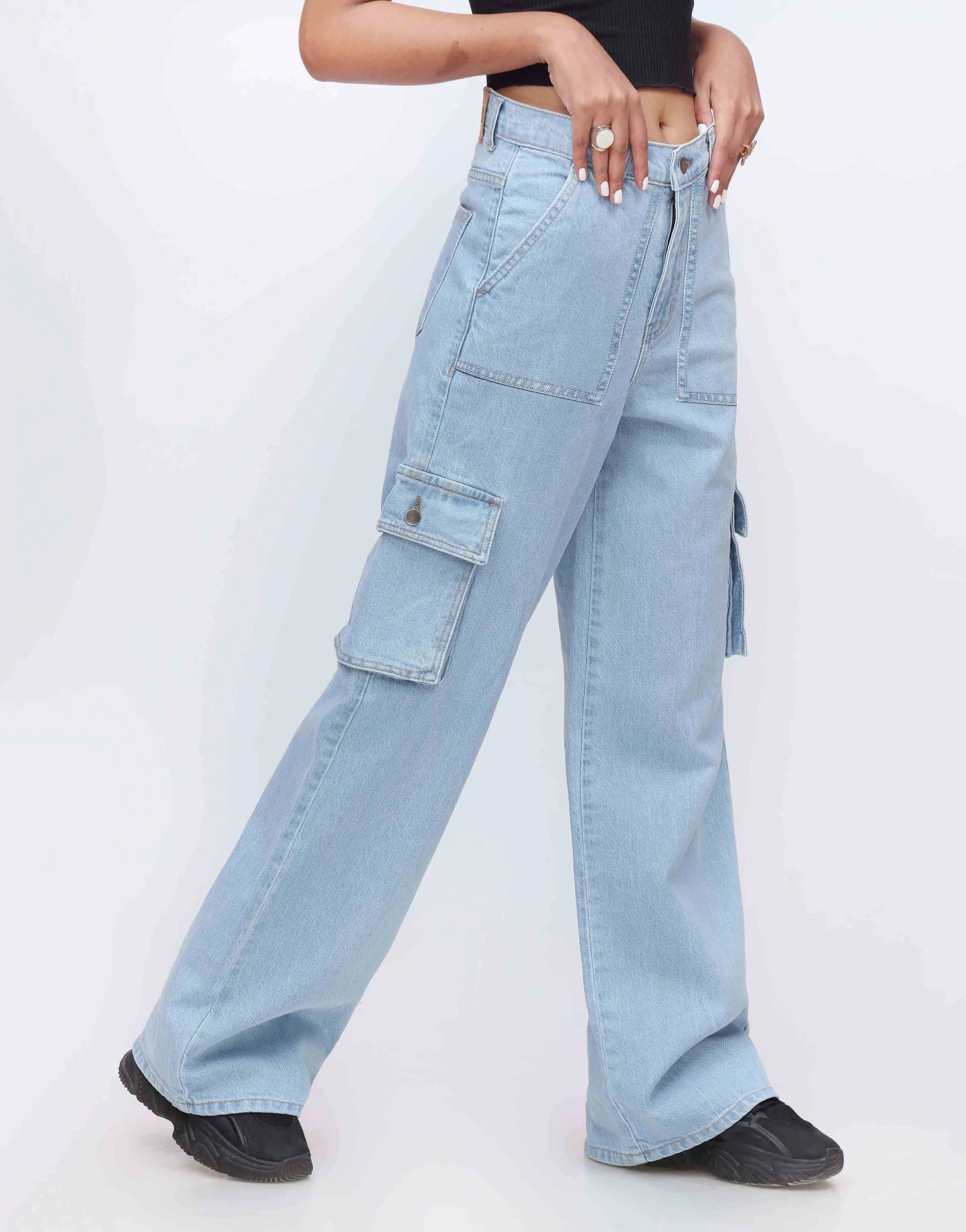 High Rise Wide Leg Flap Pocket Cargo Light Wash