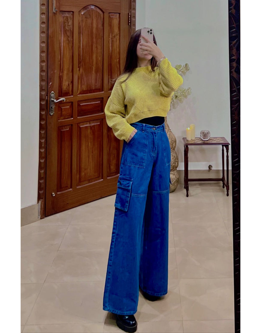 Wide Leg Flap Pocket Cargo Stone Blue