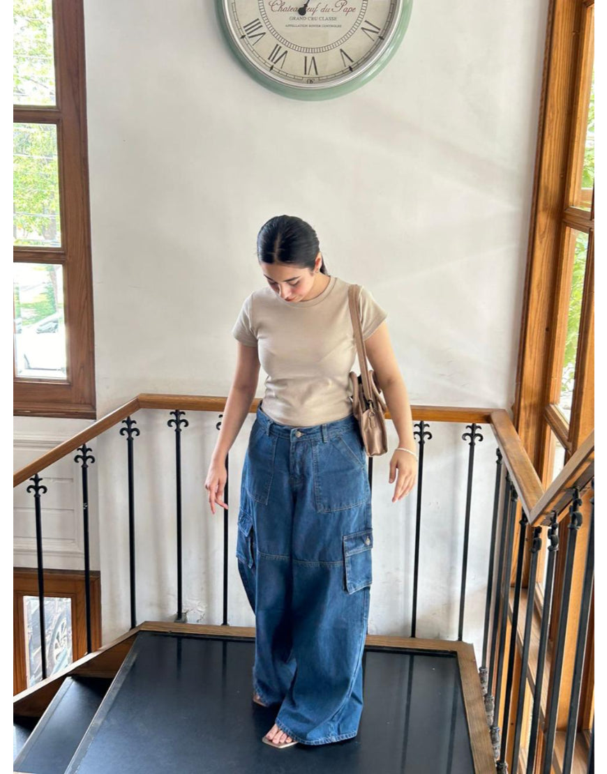 Wide Leg Flap Pocket Cargo Stone Blue