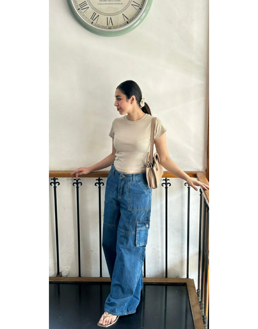 Wide Leg Flap Pocket Cargo Stone Blue