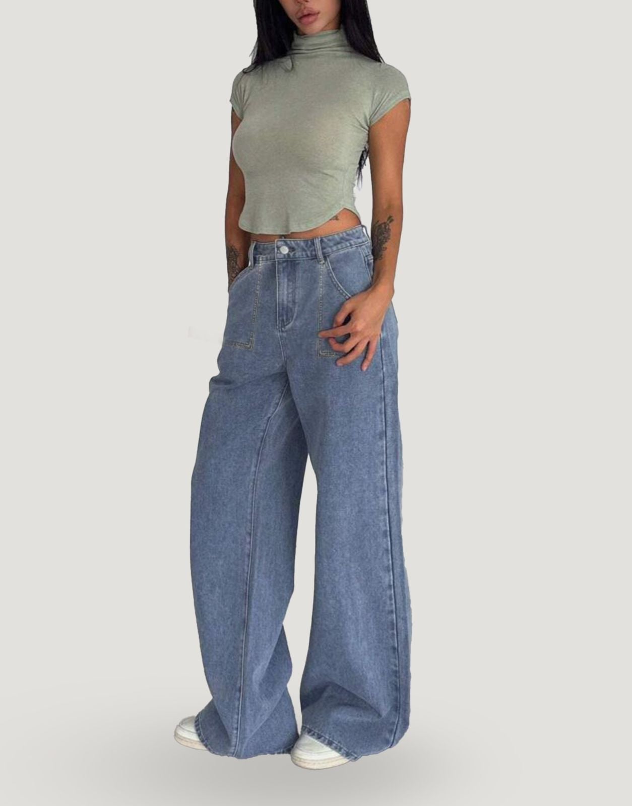 Wide Leg Flap Pocket Jeans Mid Blue