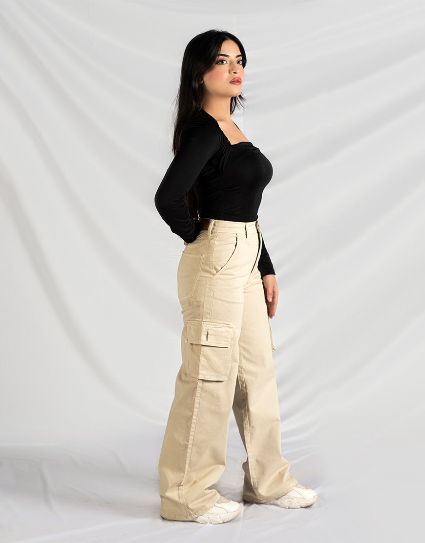 High Rise Wide Leg Cargo Twill Pants light Beige