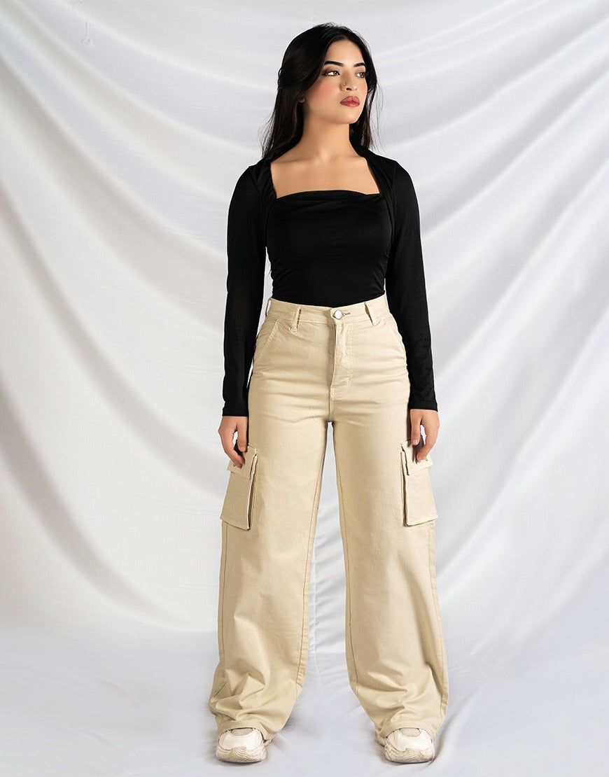 High Rise Wide Leg Cargo Twill Pants light Beige