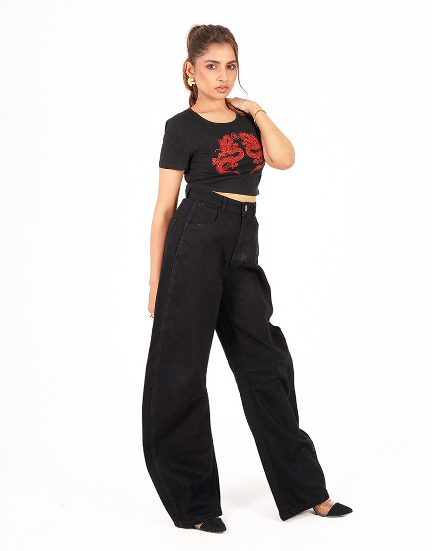 High Rise Jet Black Barrel Jeans