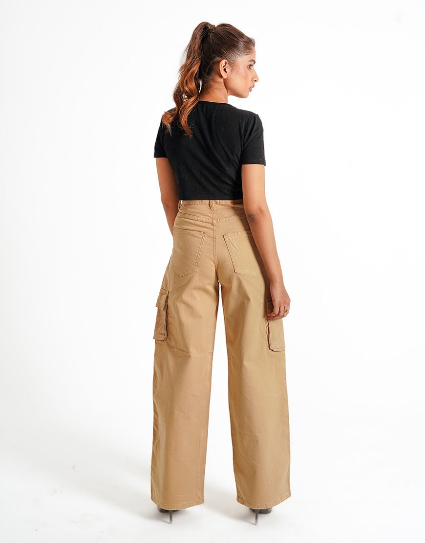 High Rise Wide Leg Cargo Twill Pants Beige
