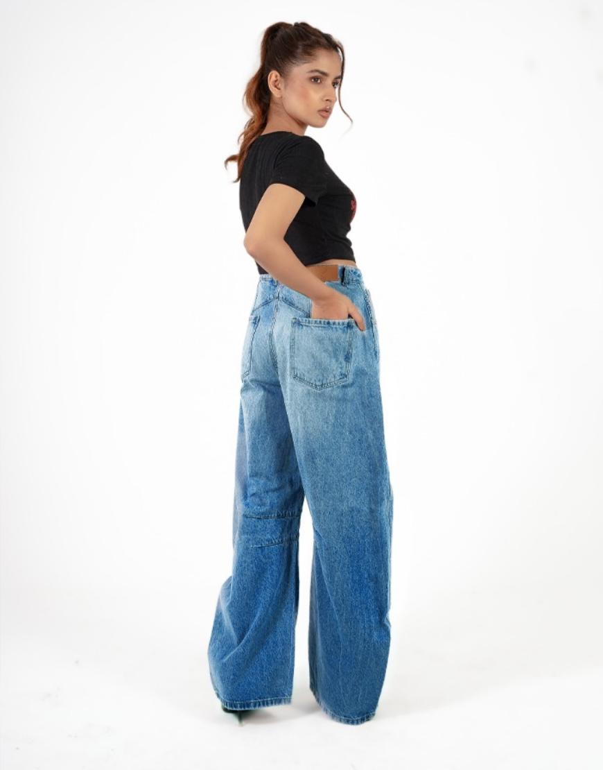 High Rise Mid Wash Barrel Jeans