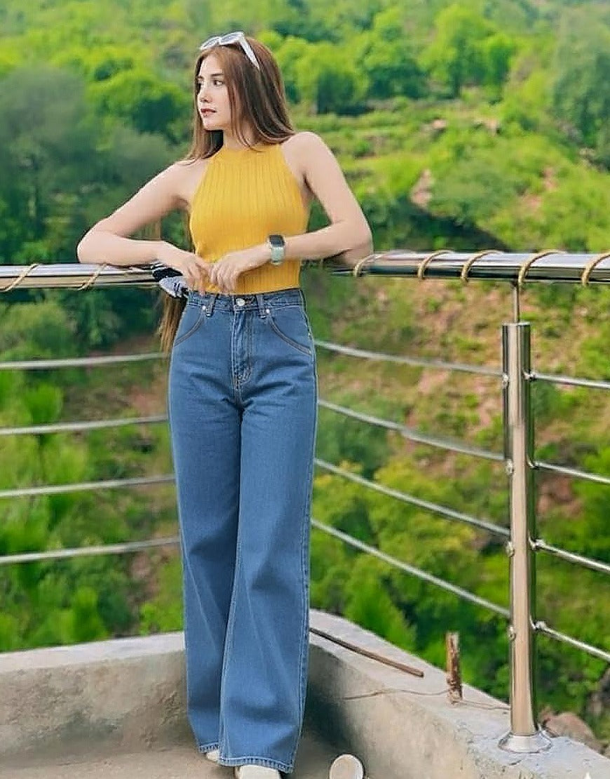 High Rise Wide Leg Cross Pocket Jeans Stone Blue