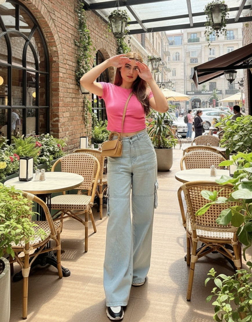 High Rise Wide Leg Flap Pocket Cargo Jeans Light Wash