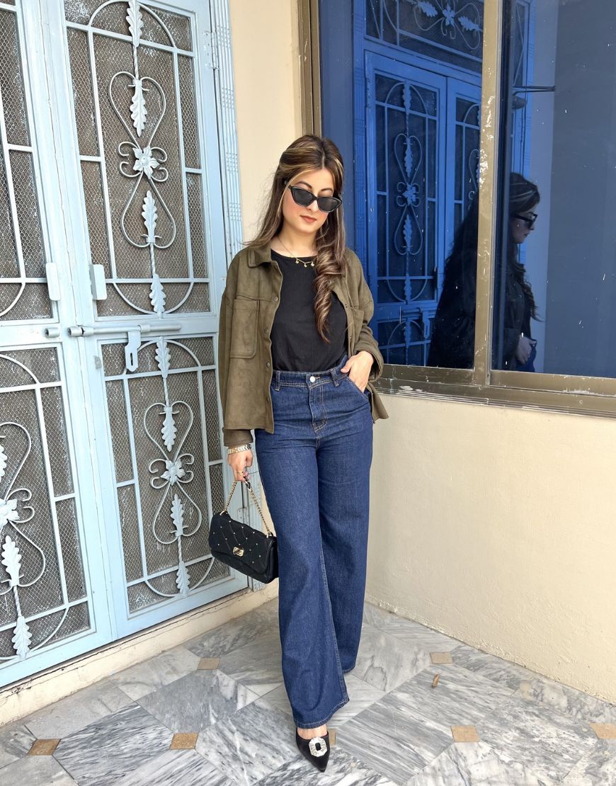 High Rise Wide Leg Cross Pocket Jeans Navy Blue