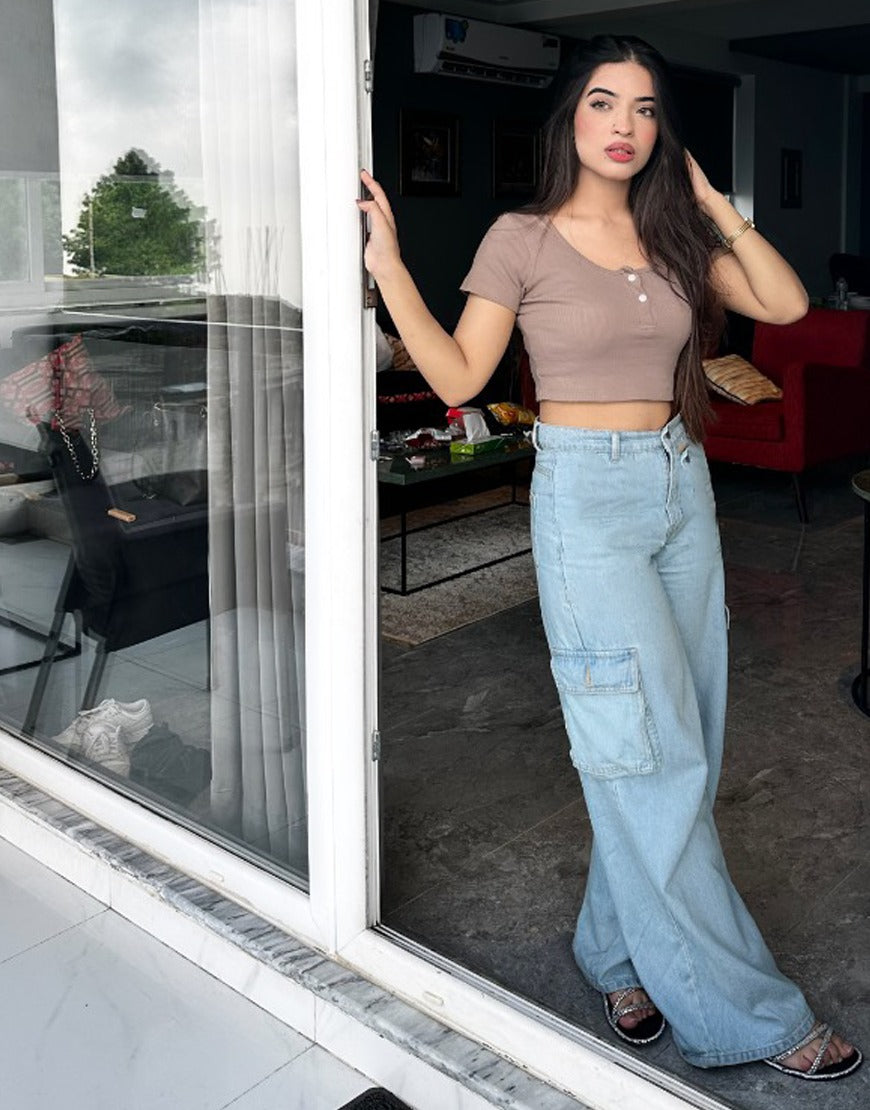 High Rise Wide Leg Cargo Jeans Light Wash