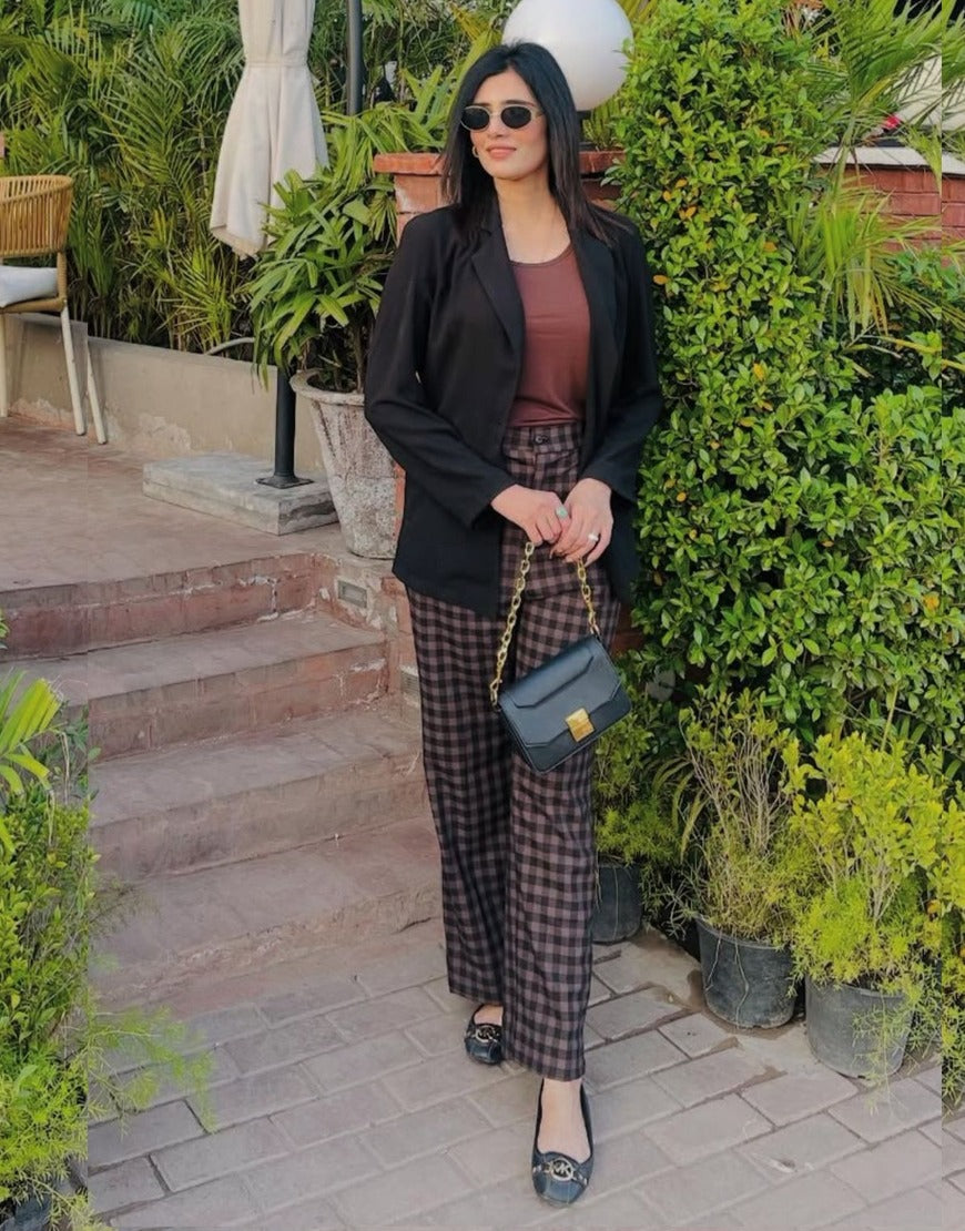 Quiet Strength (Wide Leg Pleated Checked Dress Pant Brown)