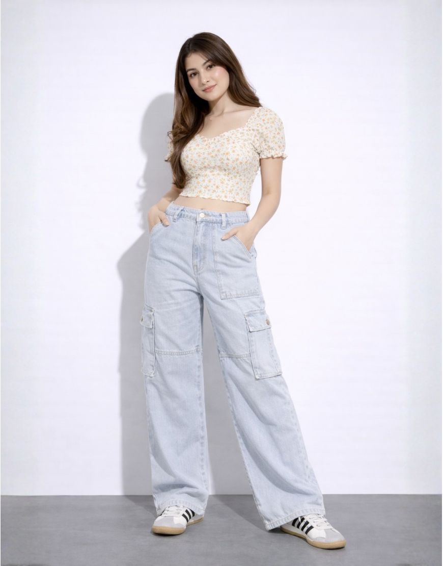 High Rise Wide Leg Flap Pocket Cargo Jeans Light Wash