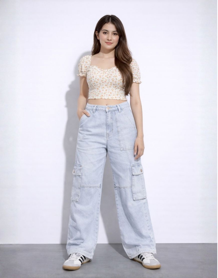 High Rise Wide Leg Flap Pocket Cargo Jeans Light Wash
